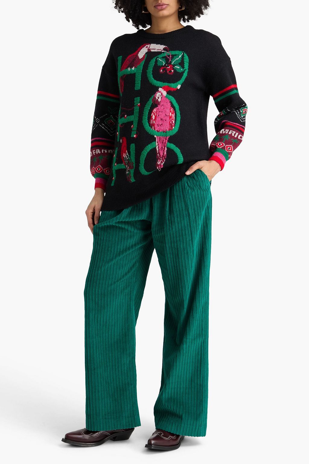 FARM RIO Embroidered jacquard-knit wool sweater