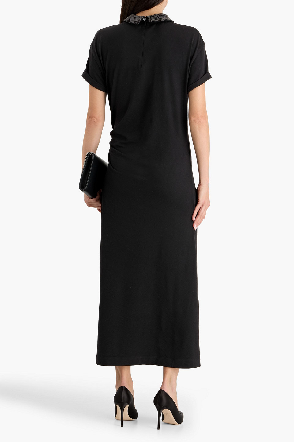 Brunello Cucinelli Bead-embellished Draped Wool-blend Jersey Midi Dress In Black