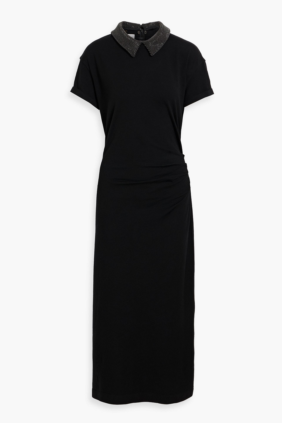 Brunello Cucinelli Bead-embellished Draped Wool-blend Jersey Midi Dress In Black