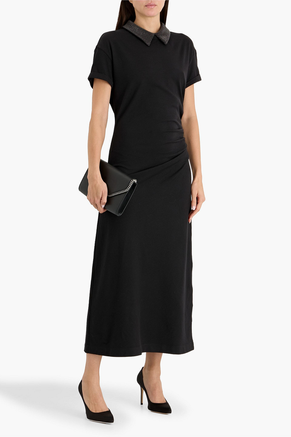 Brunello Cucinelli Bead-embellished Draped Wool-blend Jersey Midi Dress In Black