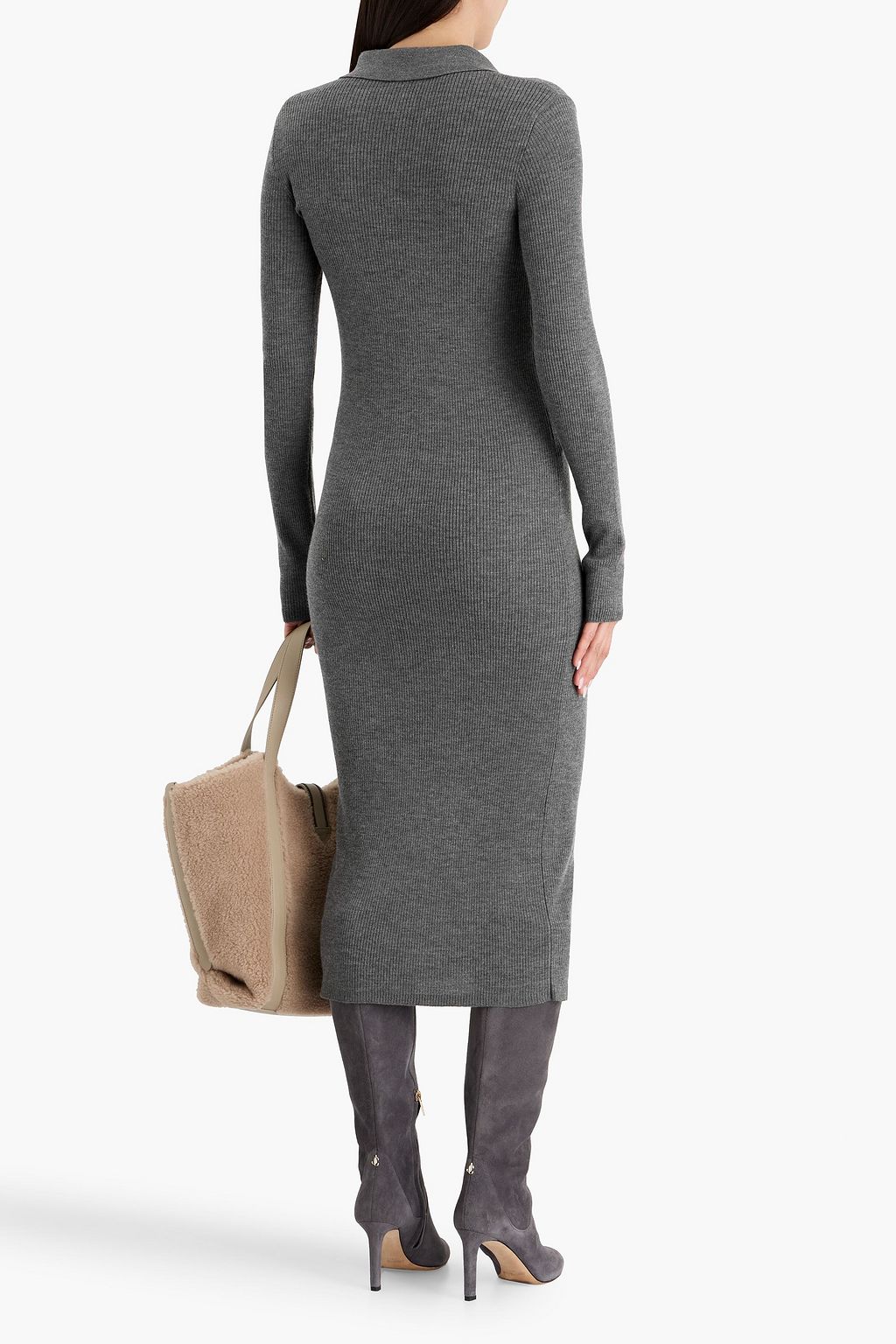 BRUNELLO CUCINELLI Bead-embellished ribbed wool and cashmere-blend midi dress