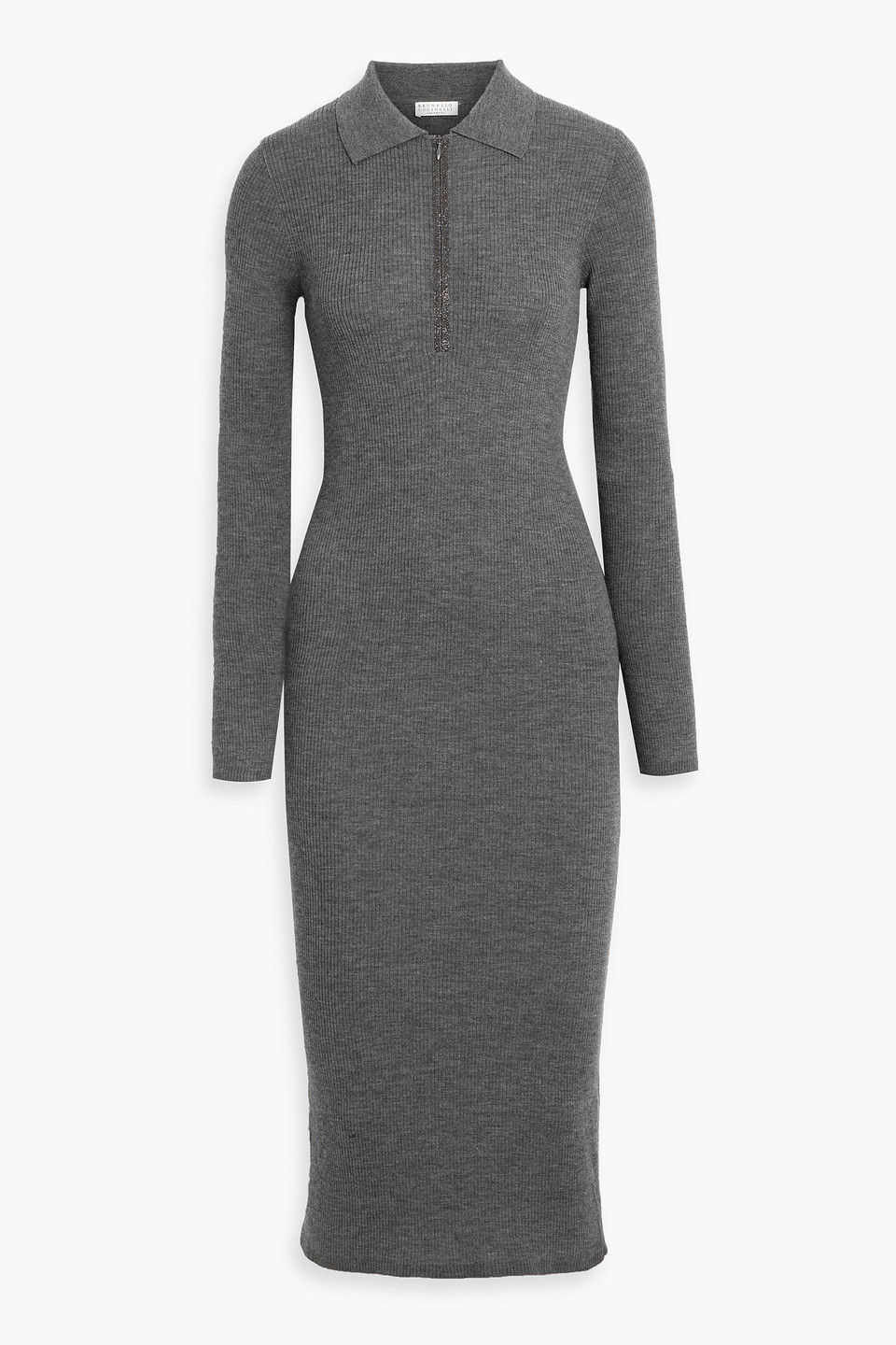 Brunello Cucinelli Bead-embellished Ribbed Wool And Cashmere-blend Midi Dress In Green