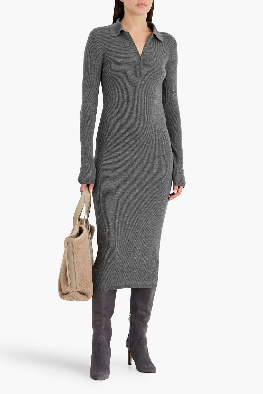 BRUNELLO CUCINELLI Bead-embellished ribbed wool and cashmere-blend midi dress