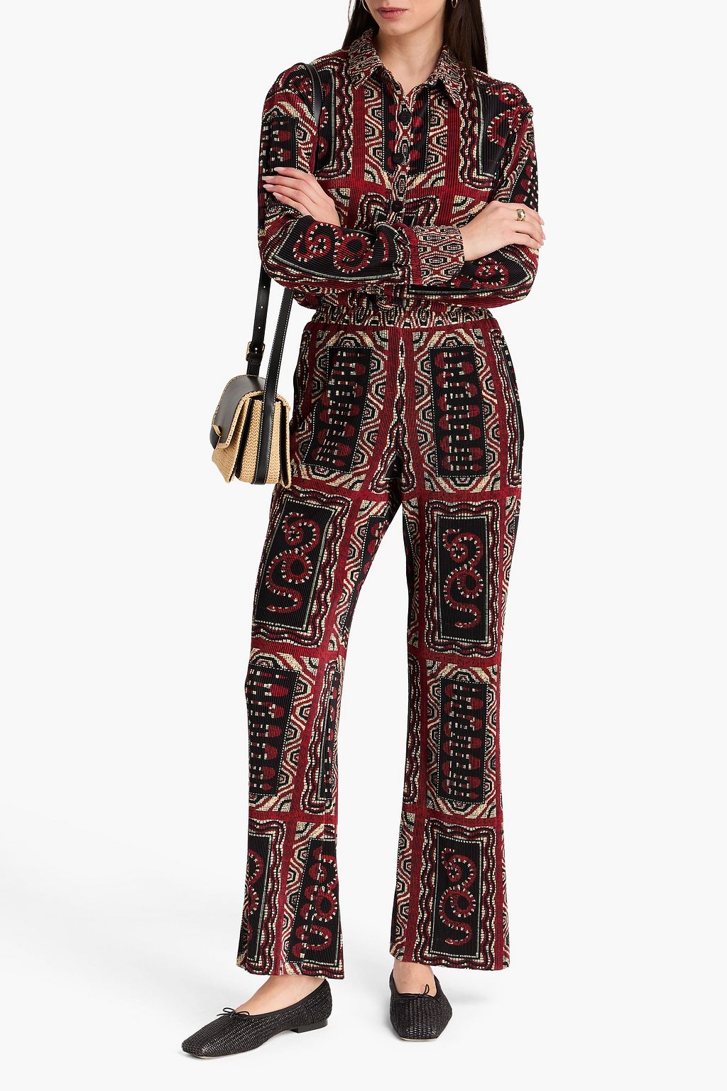 FARM RIO Pleated printed satin wide-leg pants