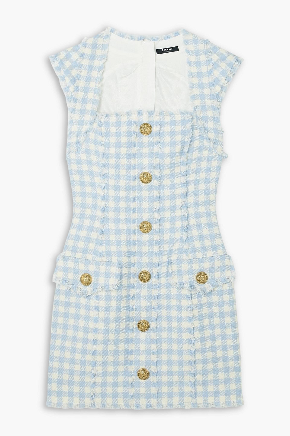 balmain - frayed gingham cotton-blend tweed mini dress - blue - fr 42