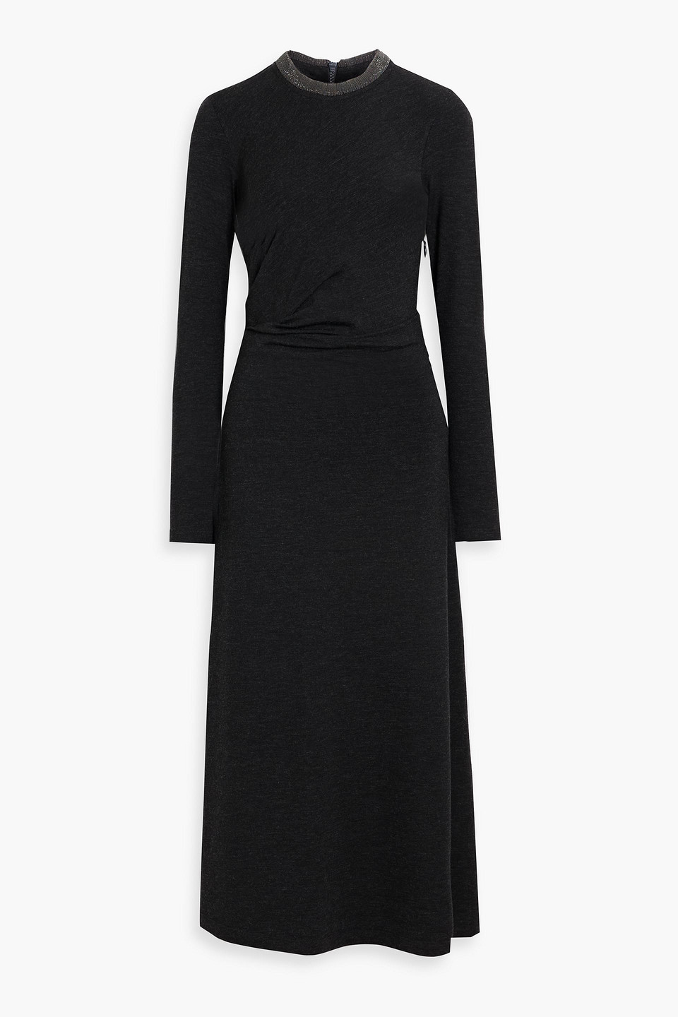 Brunello Cucinelli Bead-embellished Draped Wool-blend Jersey Midi Dress In Black