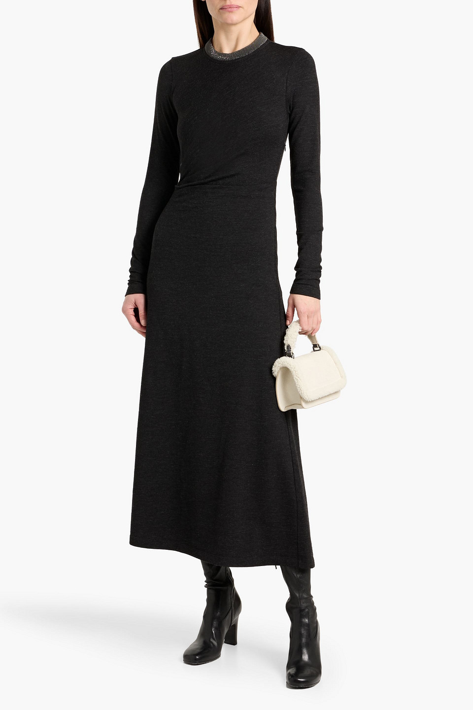 Brunello Cucinelli Bead-embellished Draped Wool-blend Jersey Midi Dress In Black