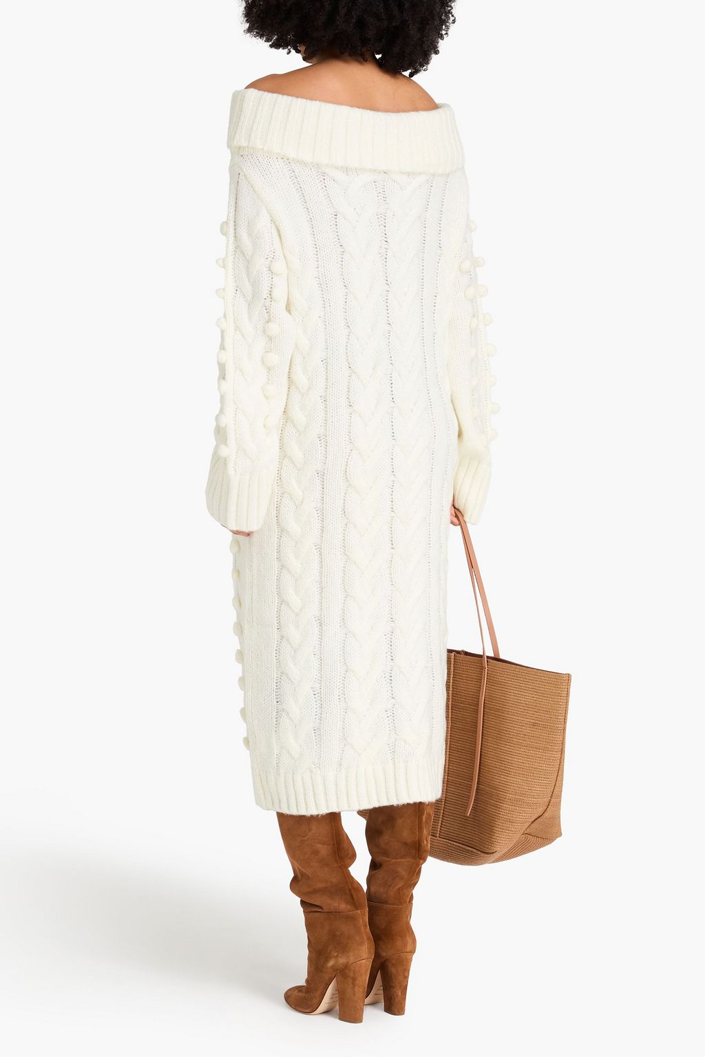 FARM RIO Off-the-shoulder pom pom-embellished cable-knit midi dress