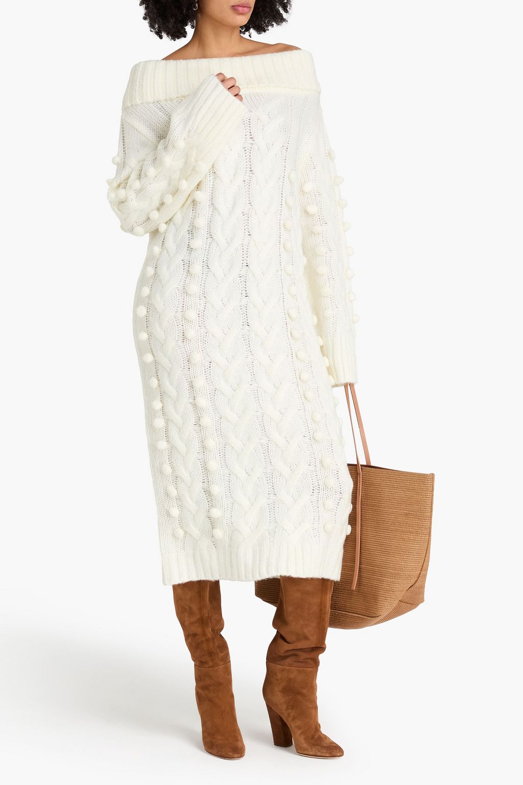 FARM RIO Off-the-shoulder pom pom-embellished cable-knit midi dress
