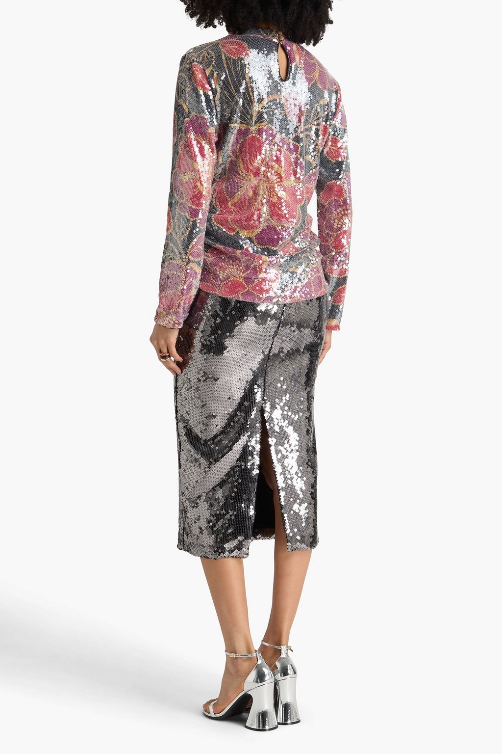 FARM RIO Sequined floral-print tulle top