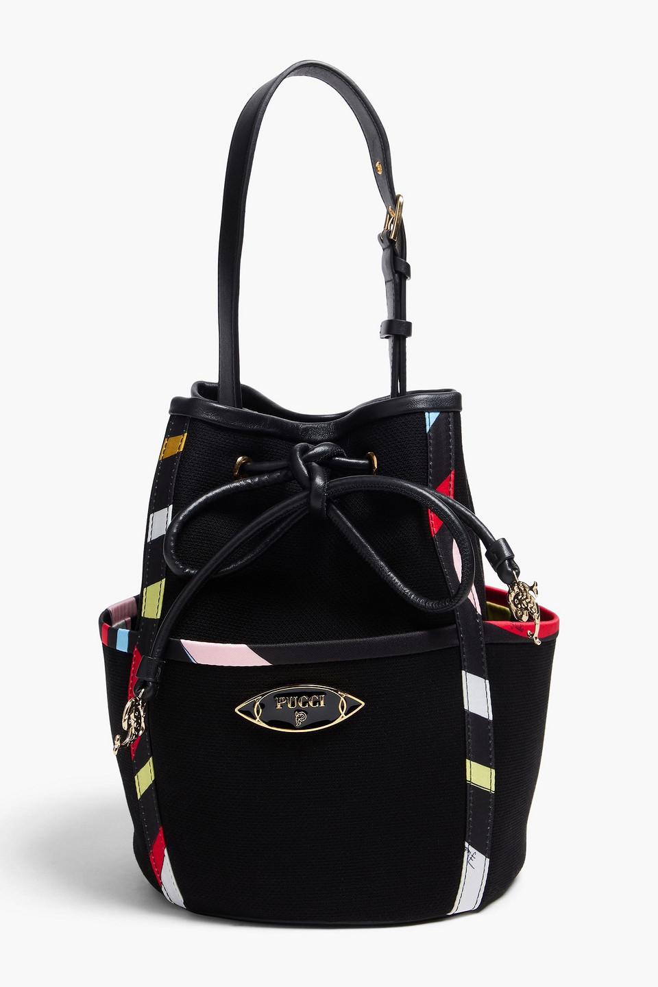 Pucci Printed Leather-trimmed Cotton Bucket Bag In Black