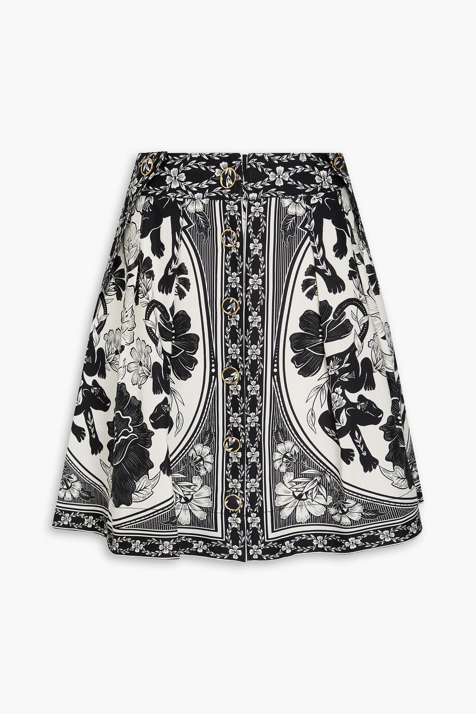 farm rio - pleated printed cotton and lyocell-blend canvas mini skirt - black - s