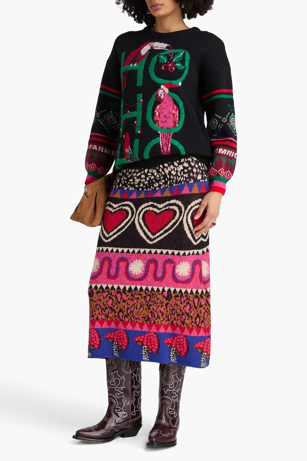 FARM RIO Ainika jacquard-knit midi skirt