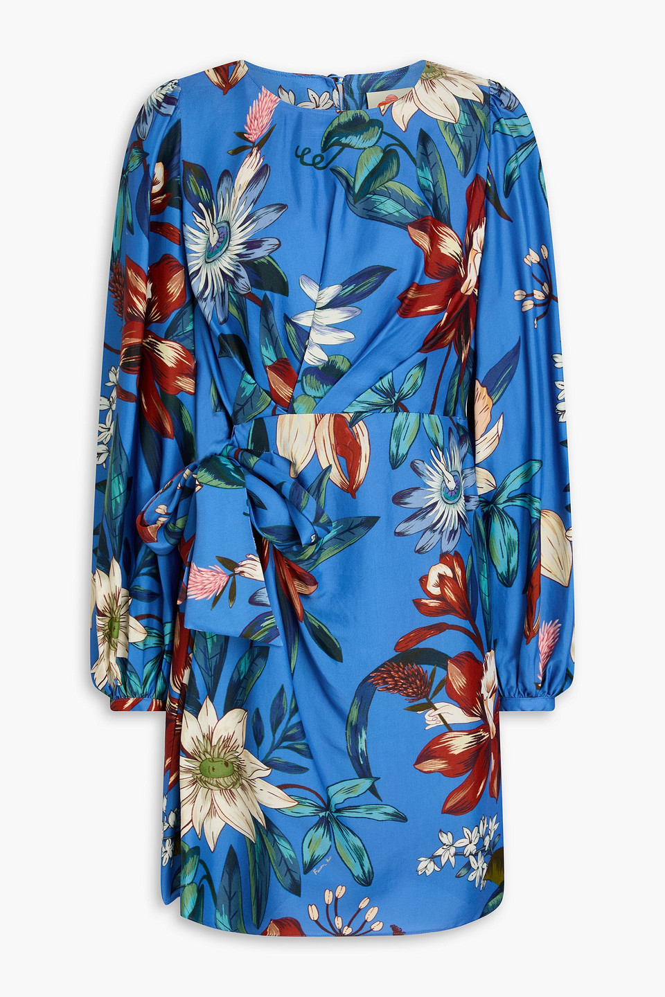 Farm Rio Wrap-effect Floral-print Twill Mini Dress In Blue
