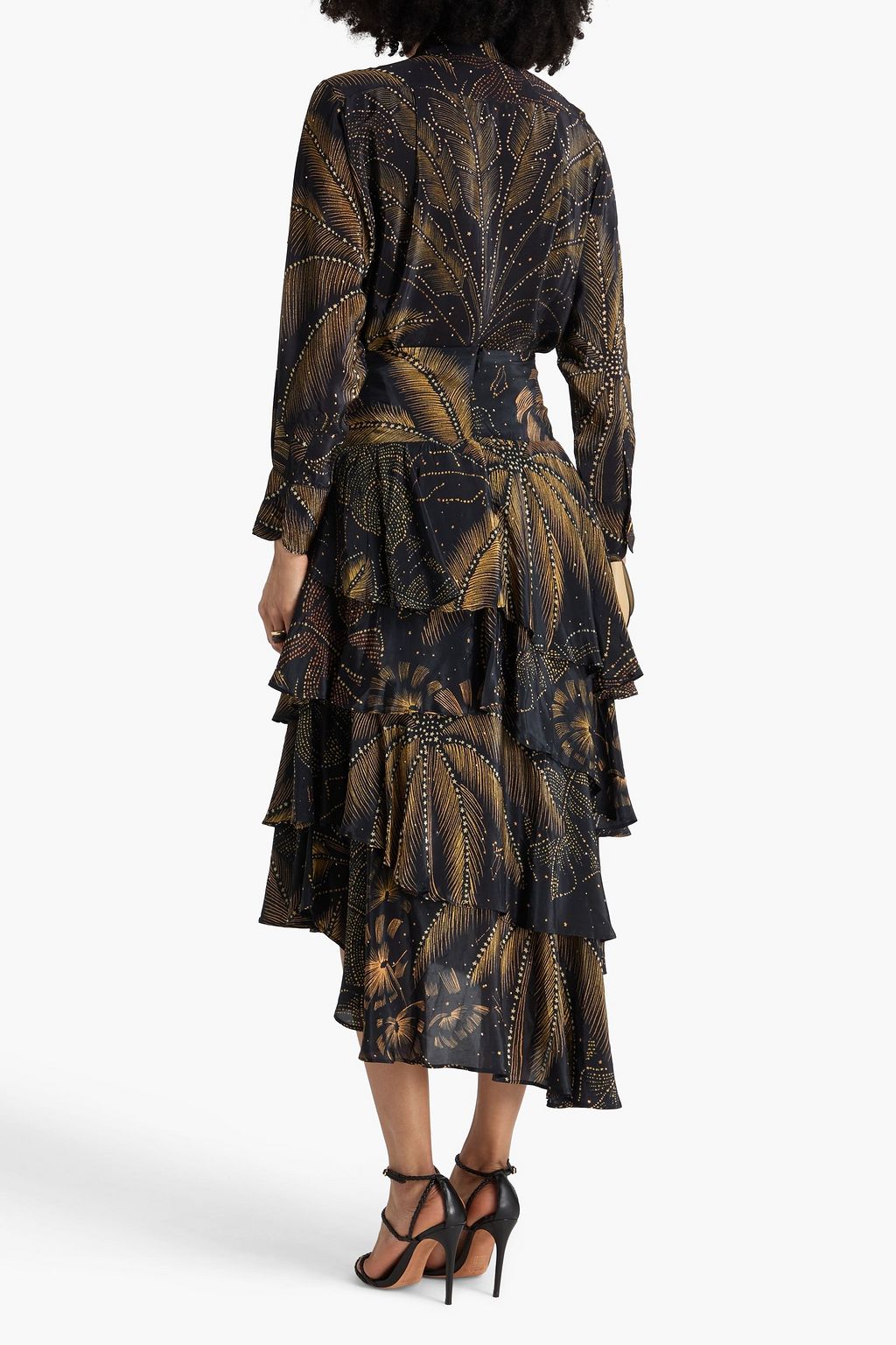 FARM RIO Tiered printed crepe de chine midi skirt