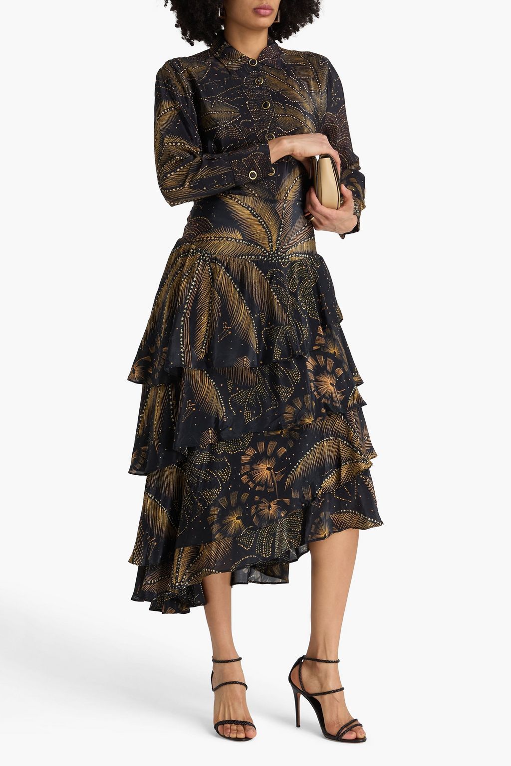 FARM RIO Tiered printed crepe de chine midi skirt