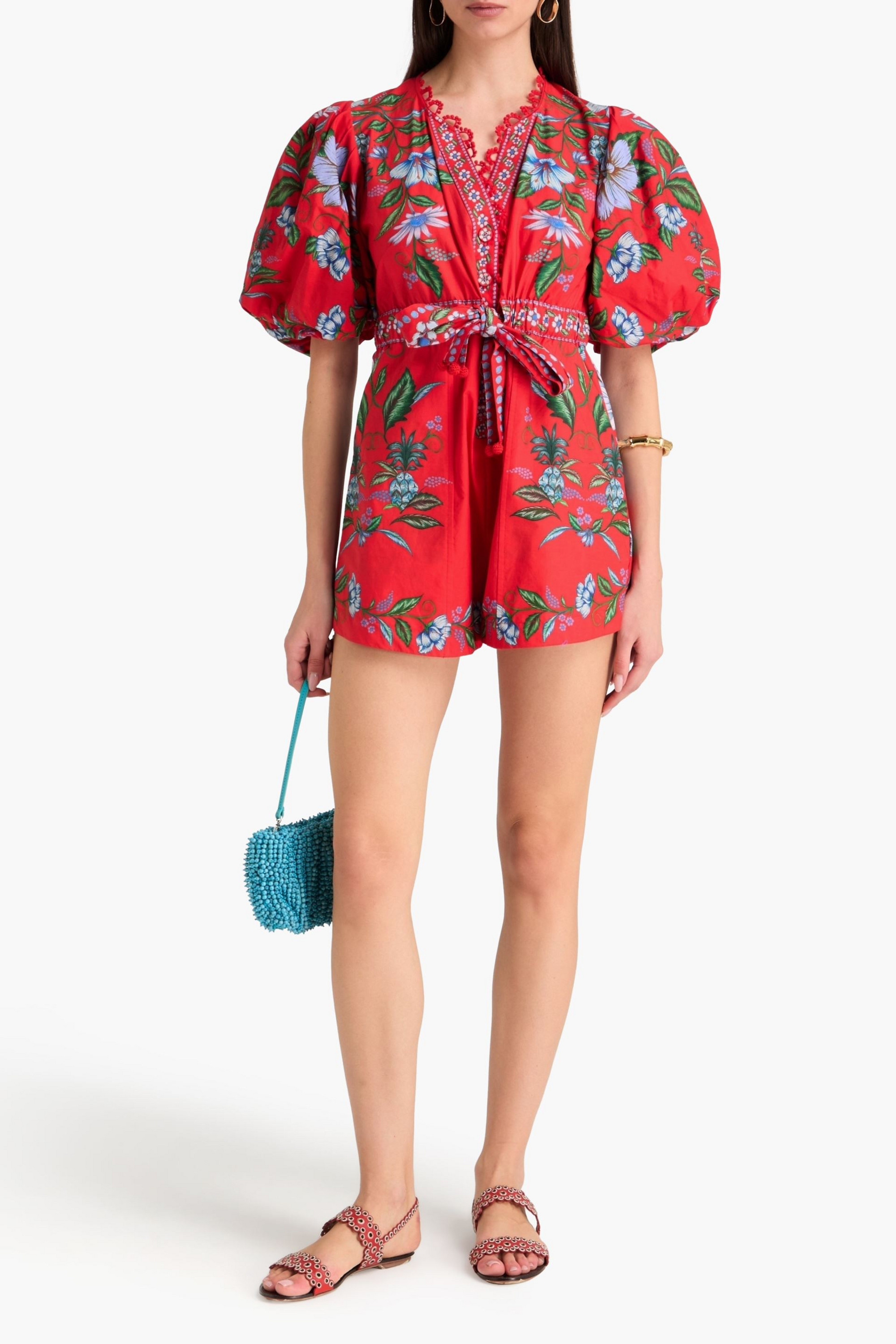 FARM Rio Guipure lace-trimmed floral-print cotton-poplin playsuit