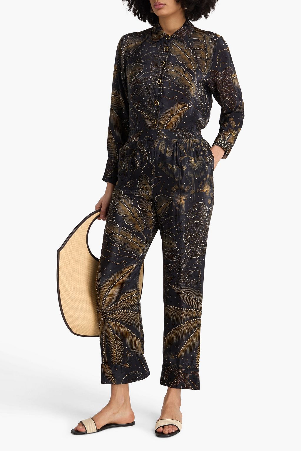 FARM RIO Crystal-embellished printed crepe de chine tapered pants