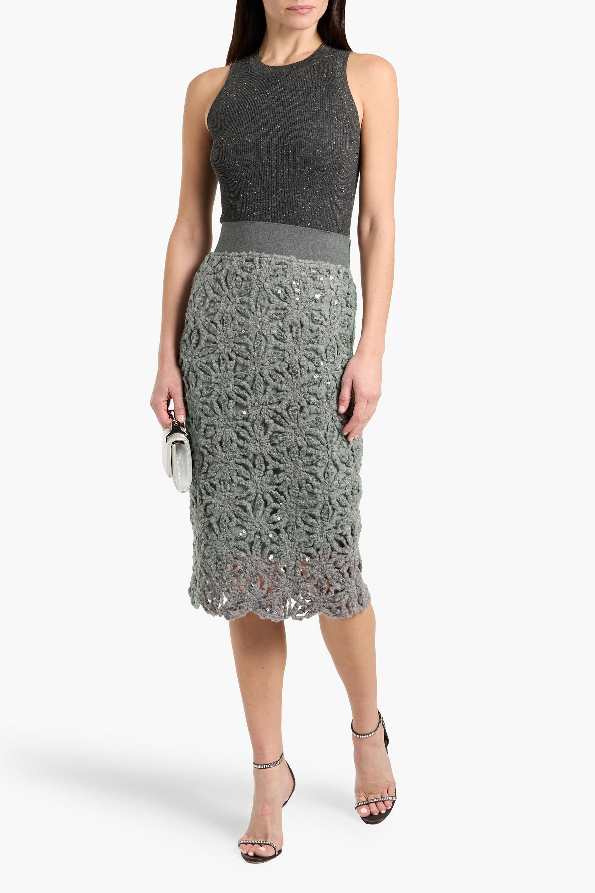 Brunello Cucinelli Sequin-embellished wool-blend skirt