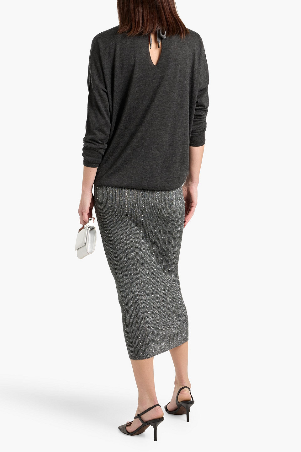 Brunello Cucinelli Bead-embellished Cashmere And Silk-blend Sweater In Gray