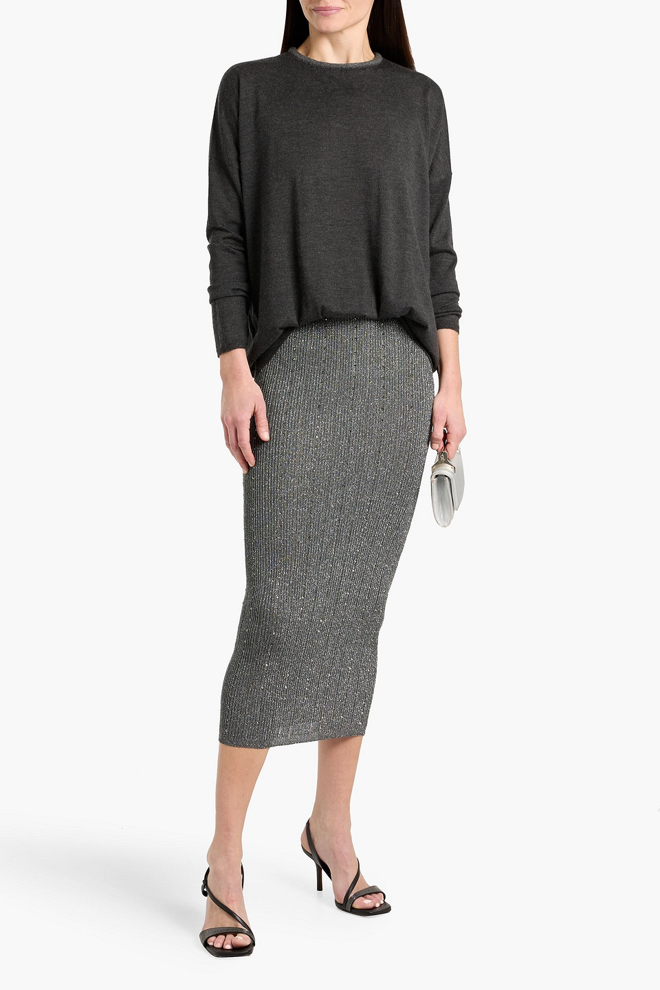 Brunello Cucinelli Bead-embellished Cashmere And Silk-blend Sweater In Gray