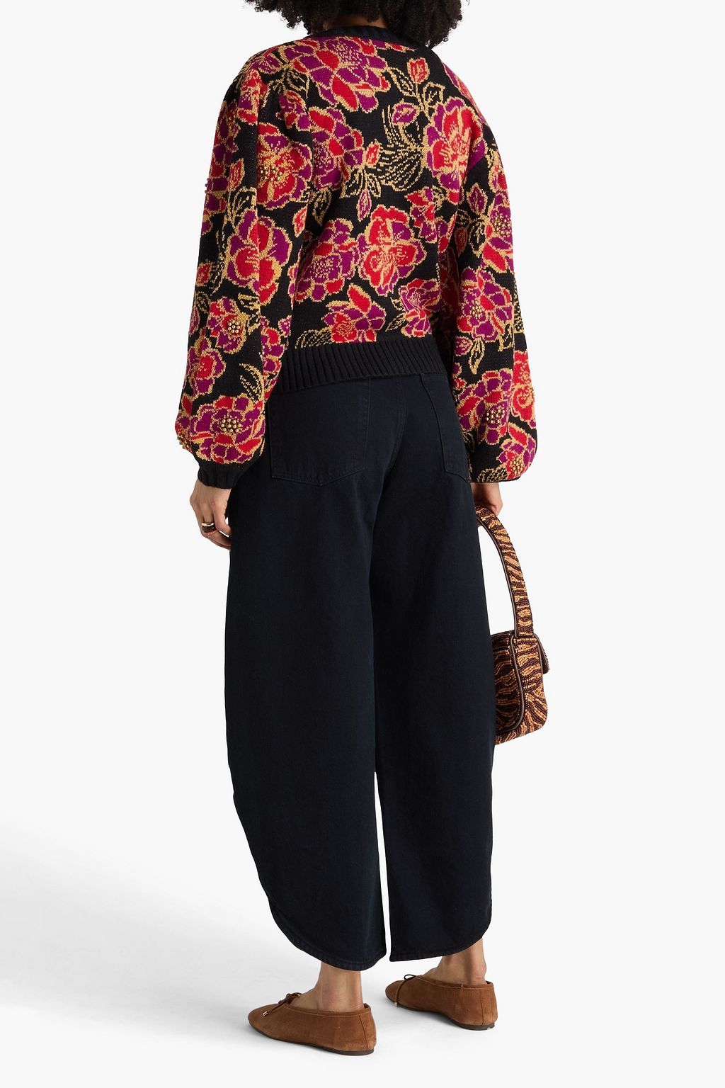 FARM RIO Metallic bead-embellished jacquard-knit cardigan