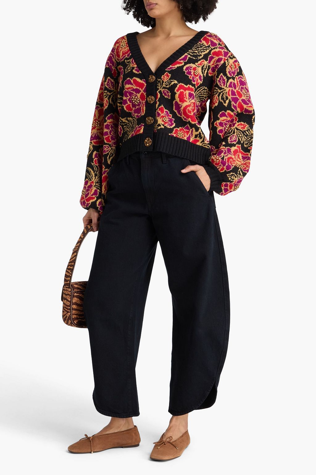 FARM RIO Metallic bead-embellished jacquard-knit cardigan