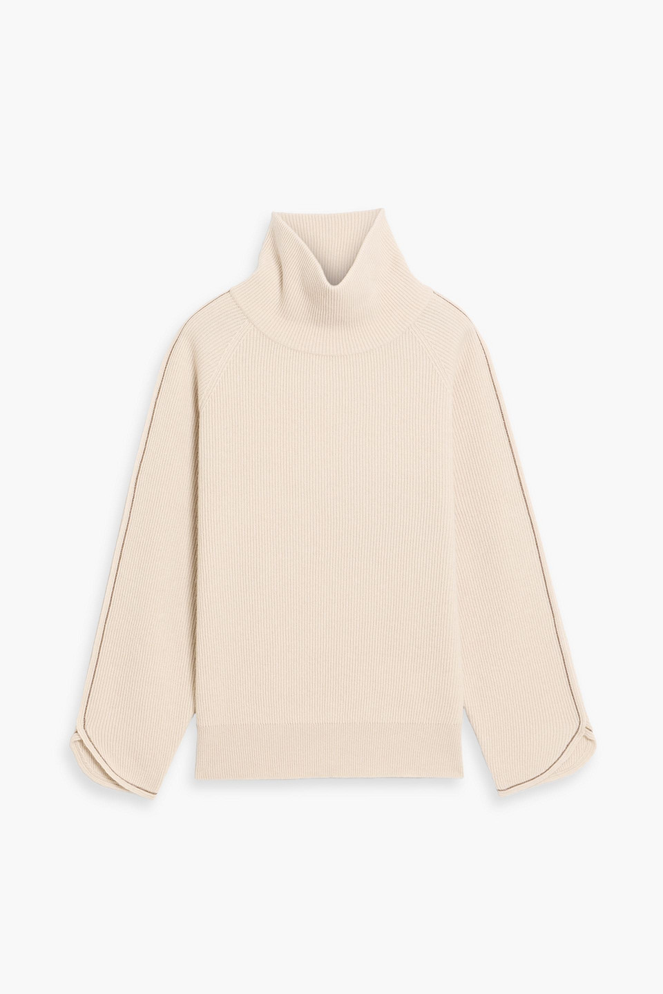 Brunello Cucinelli Bead-embellished Ribbed Cashmere Turtleneck Sweater In Neutral