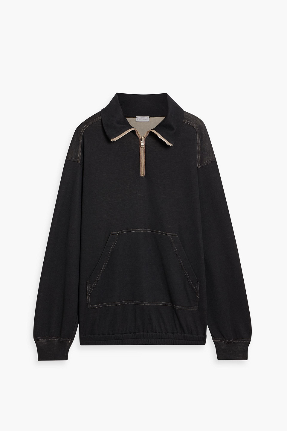 Brunello Cucinelli Bead-embellished Cotton-blend Jersey Half-zip Sweatshirt In Black