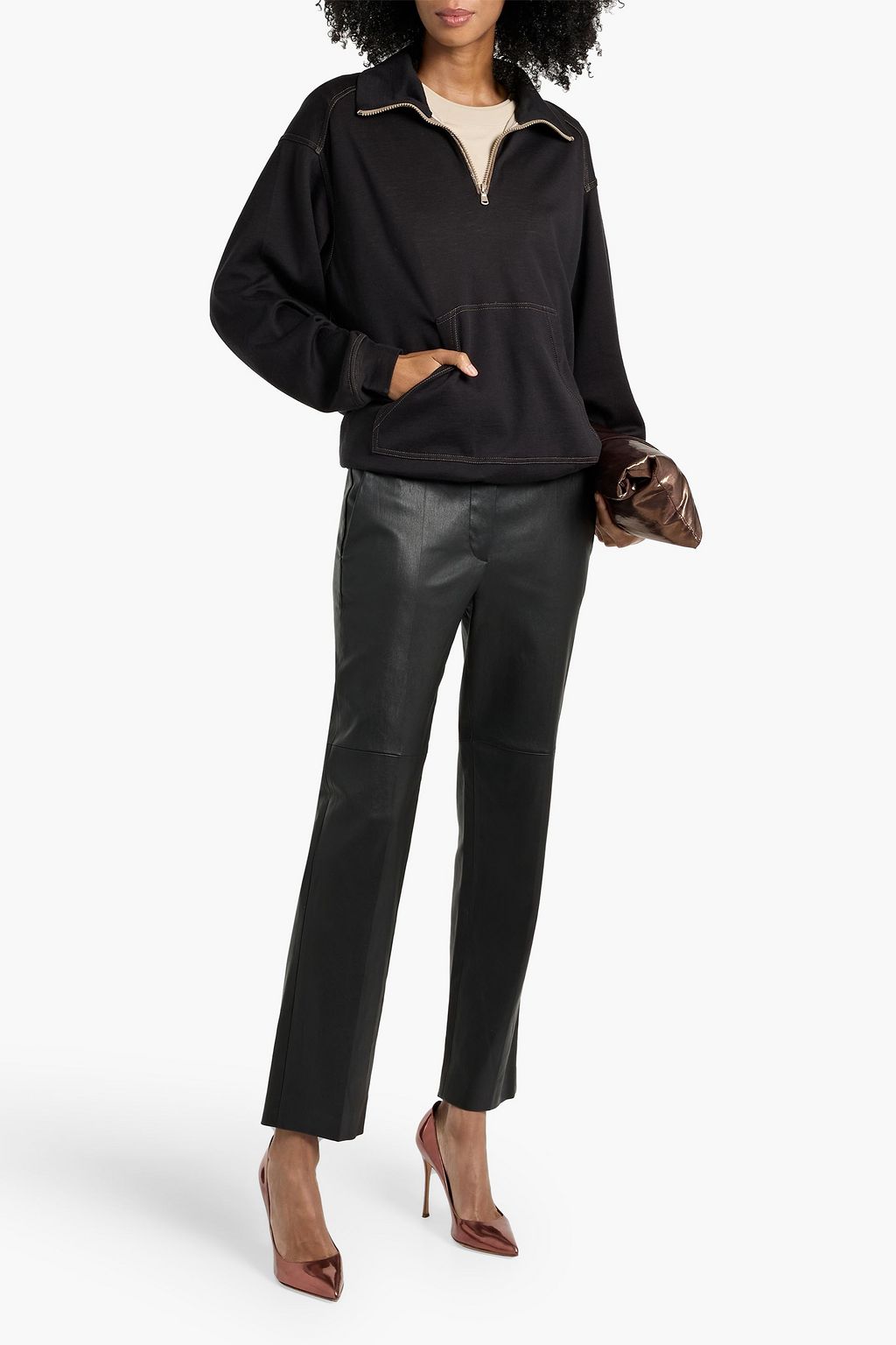 BRUNELLO CUCINELLI Bead-embellished cotton-blend jersey half-zip sweatshirt