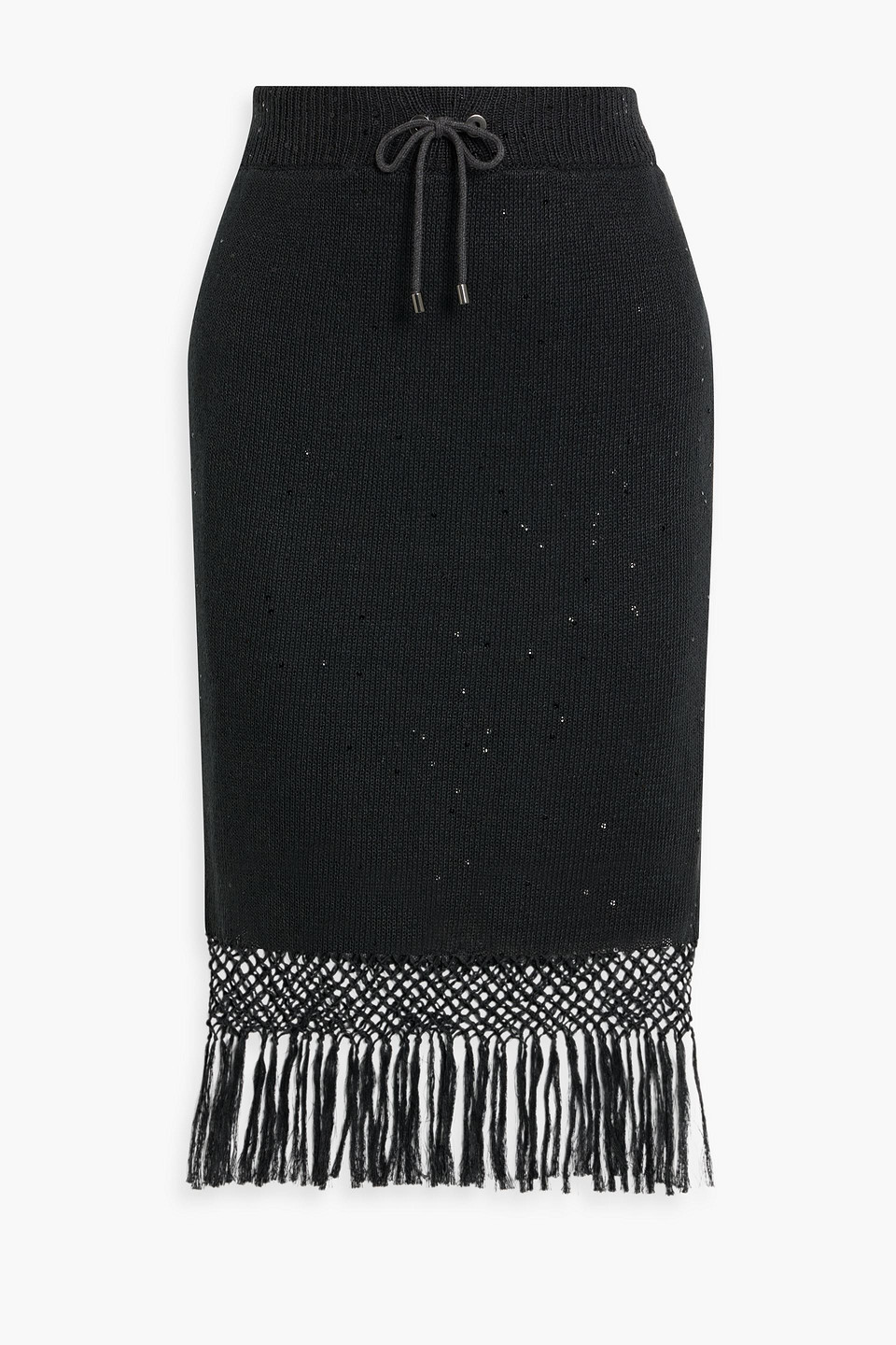 Brunello Cucinelli Fringed Sequin-embellished Linen And Silk-blend Skirt In Black