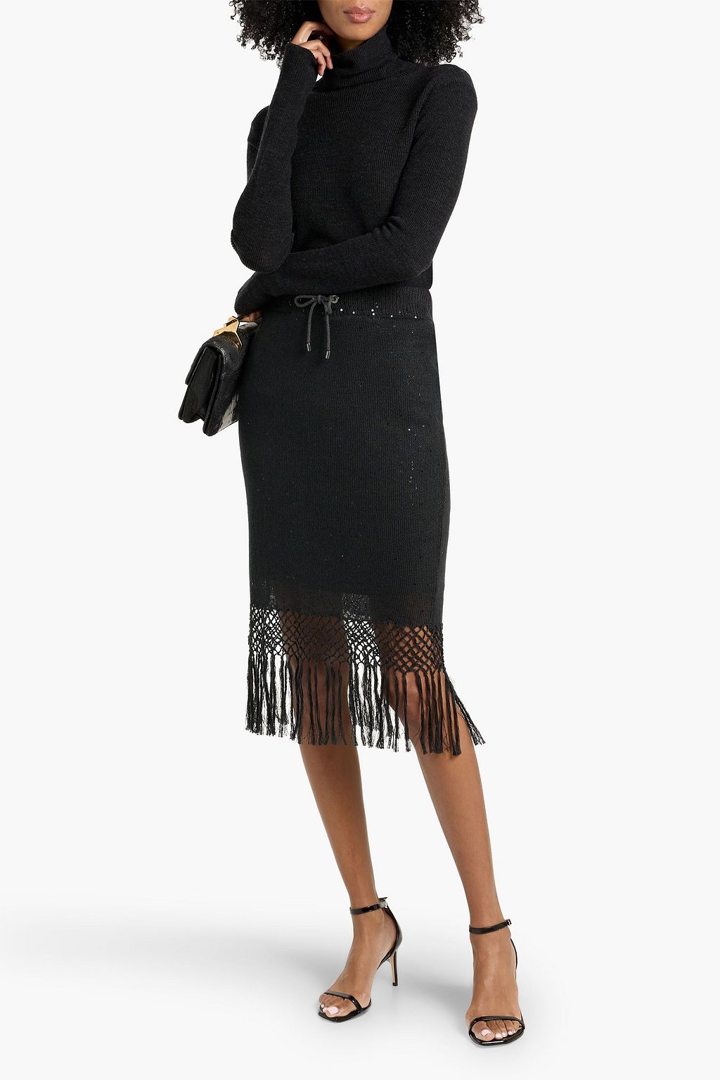 BRUNELLO CUCINELLI Fringed sequin-embellished linen and silk-blend skirt