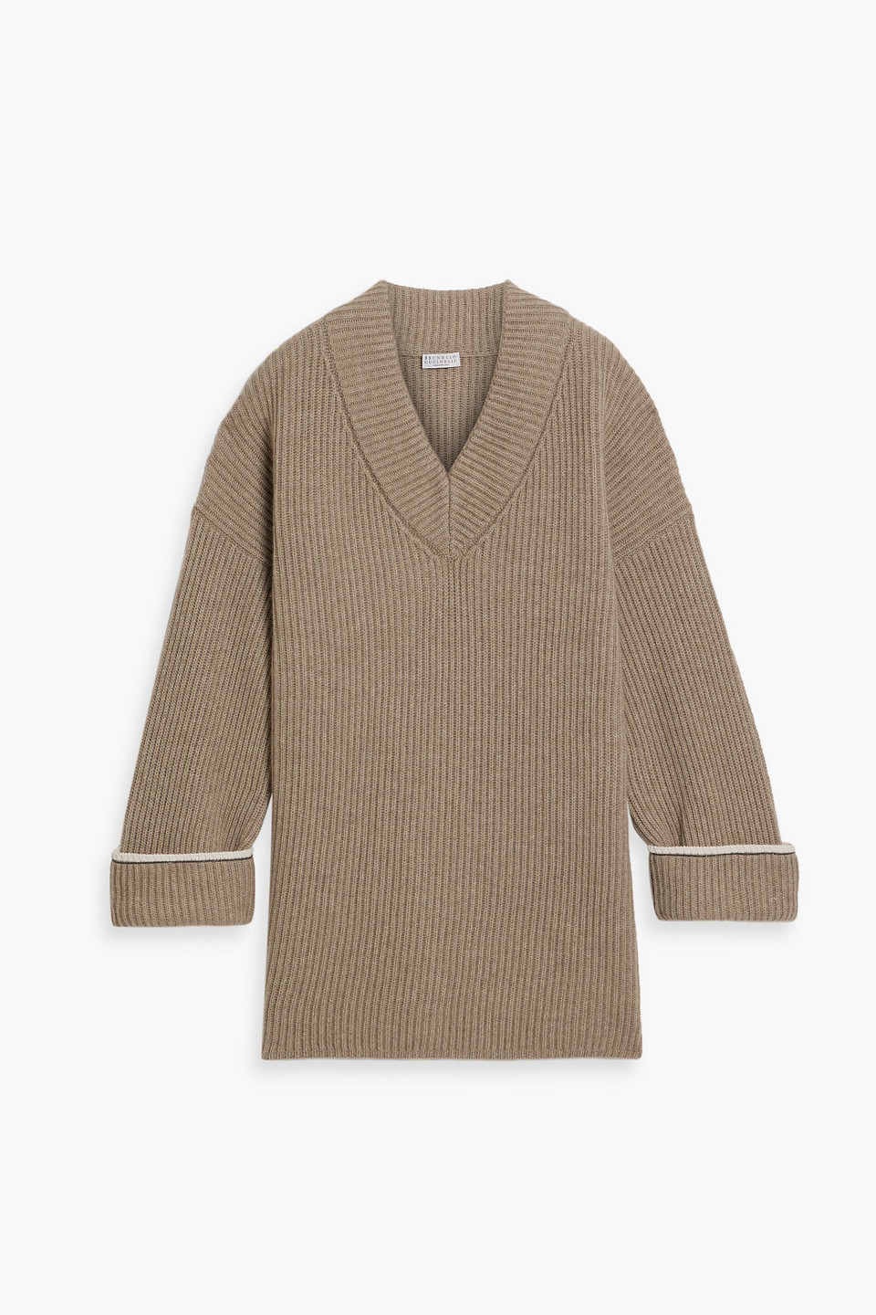 Brunello Cucinelli Bead-embellished Ribbed Cashmere Sweater In Green