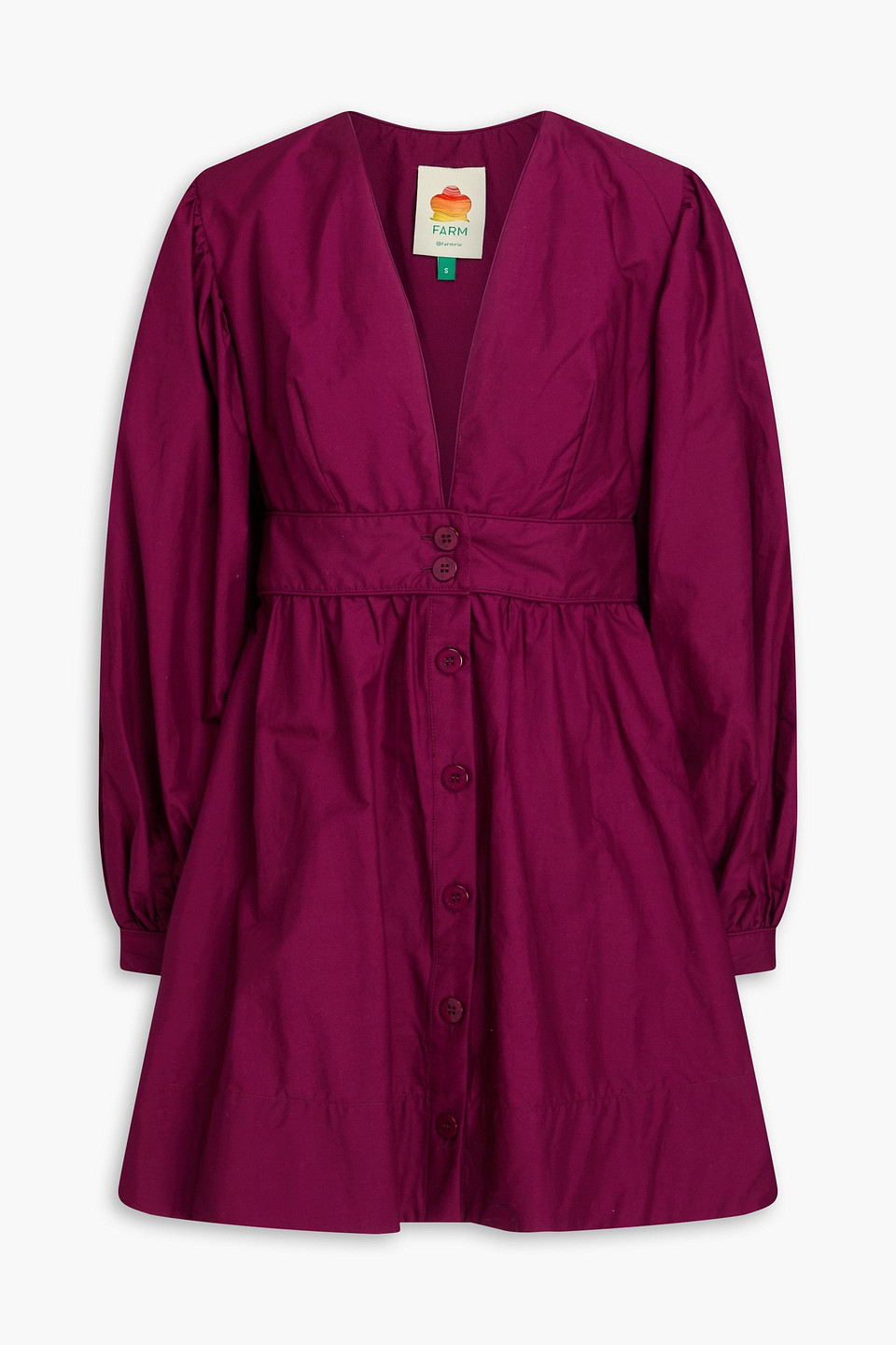 farm rio - gathered cotton-poplin mini dress - purple - xs