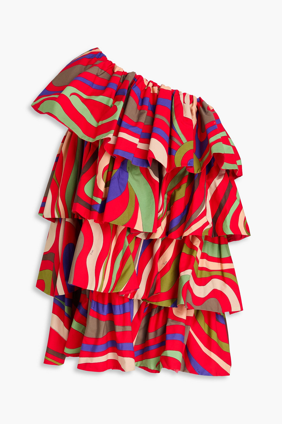 Pucci One-shoulder Tiered Printed Cotton-poplin Mini Dress In Multi