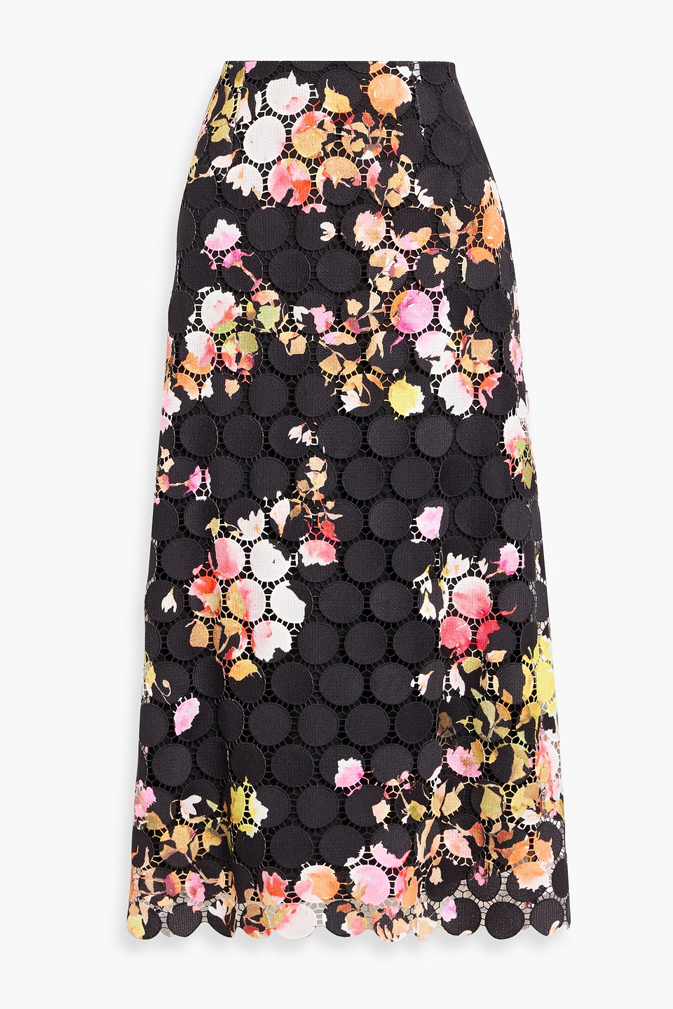 monique lhuillier - printed guipure lace midi skirt - black - us 4