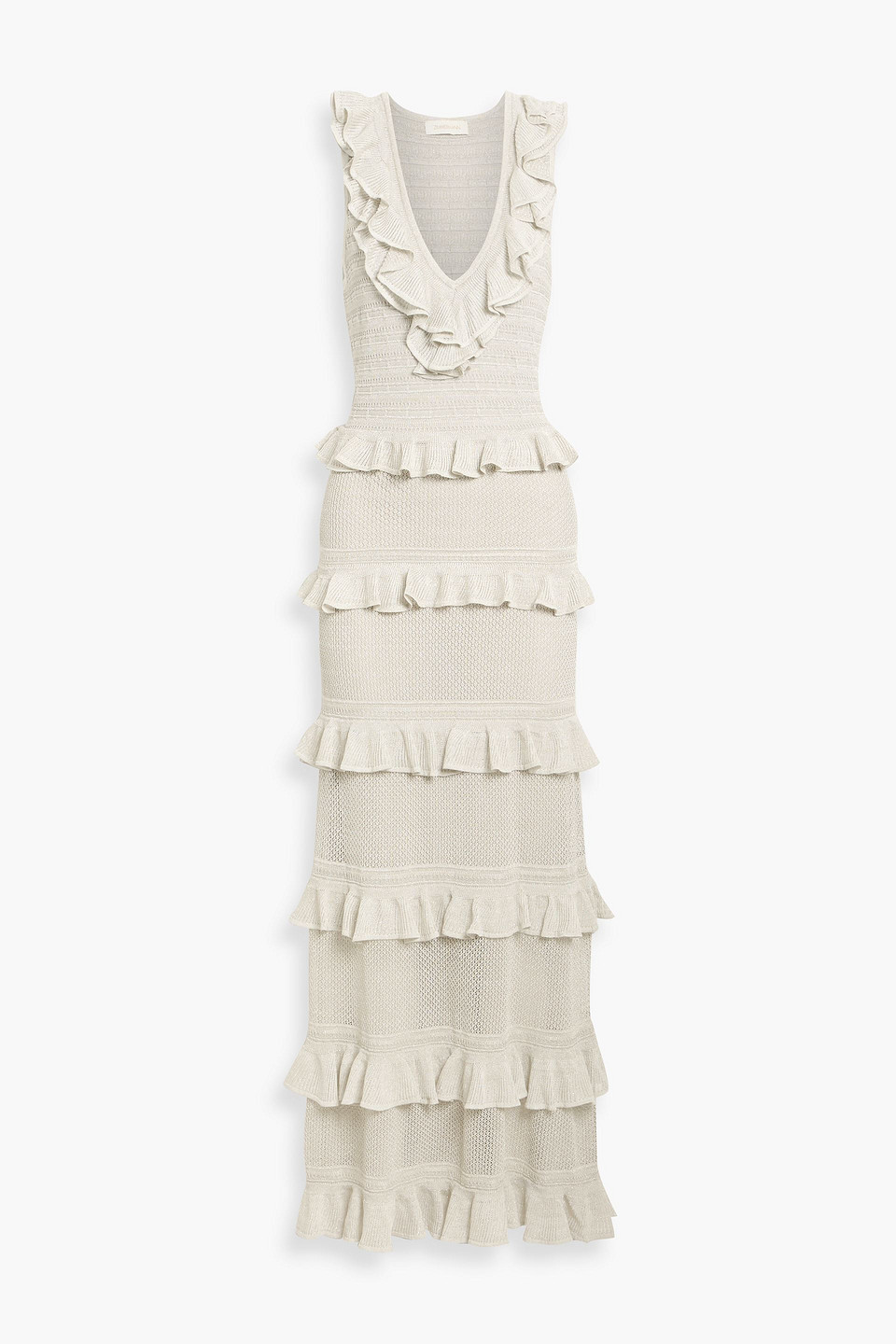 zimmermann - ruffled metallic pointelle-knit maxi dress - metallic - 00