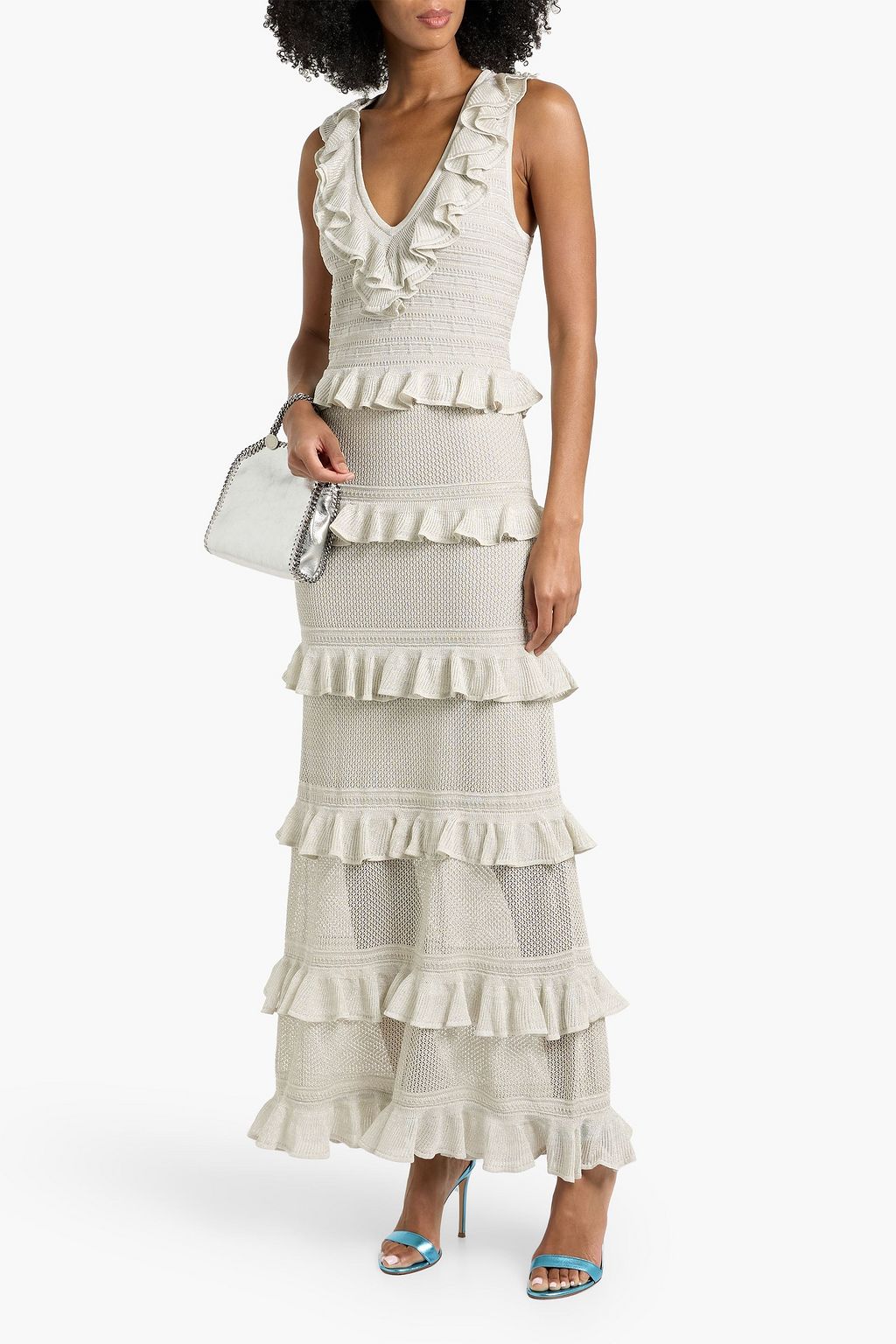 Ruffled metallic pointelle-knit maxi dress - silver - 00