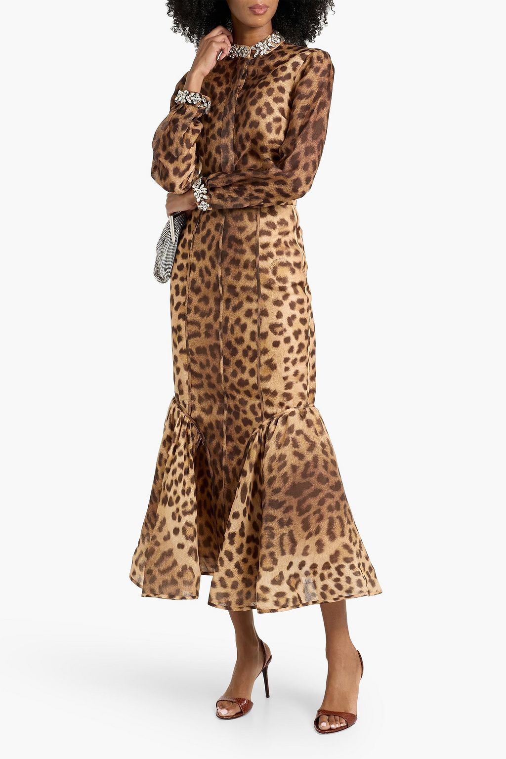 ZIMMERMANN Fluted leopard-print linen and silk-blend gauze midi skirt