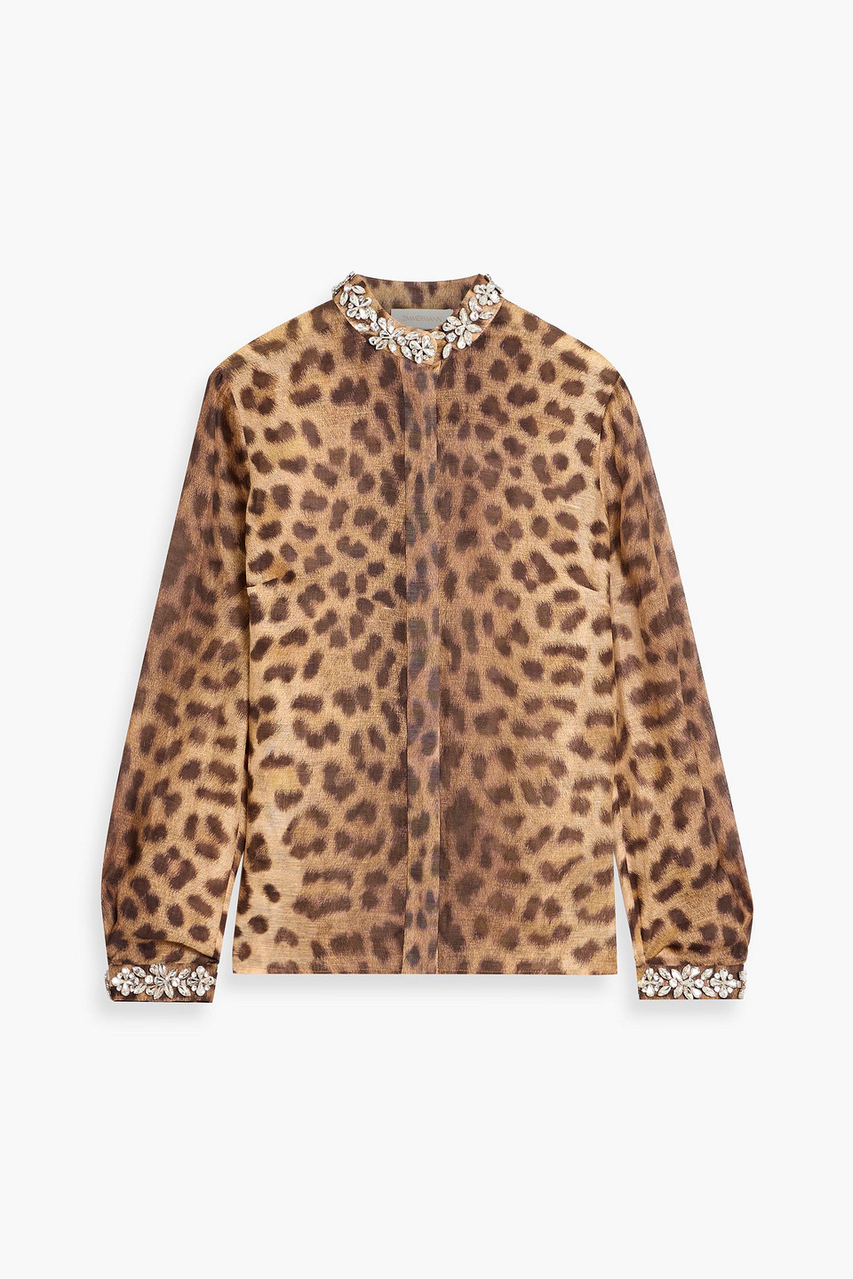 Zimmermann Crystal-embellished Leopard-print Linen And Silk-blend Gauze Blouse In Brown