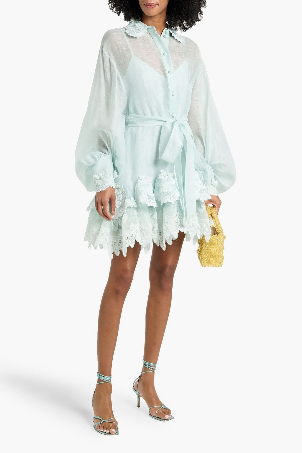 ZIMMERMANN Lace-trimmed linen and silk-blend gauze mini shirt dress