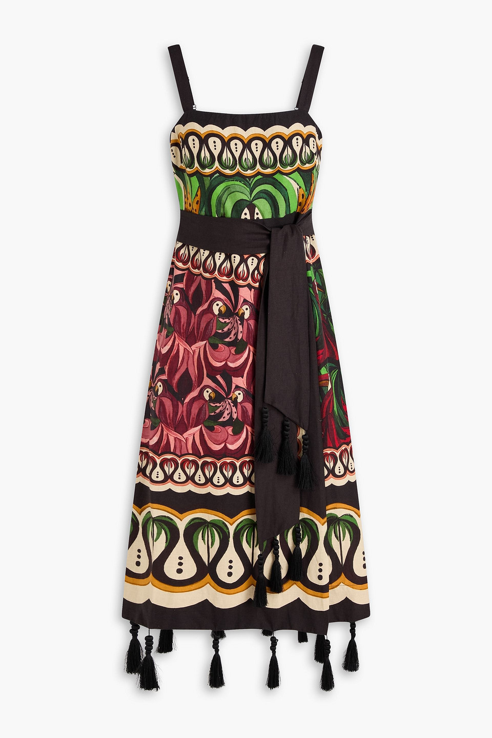 farm rio - wrap-effect printed linen-blend midi dress - black - xs