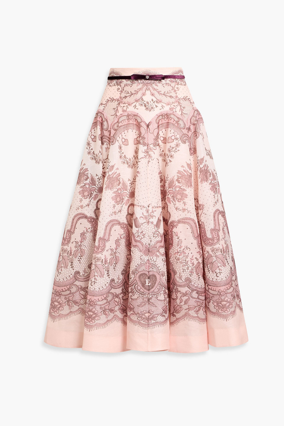 Zimmermann Belted Printed Linen And Silk-blend Gauze Midi Skirt In Pink