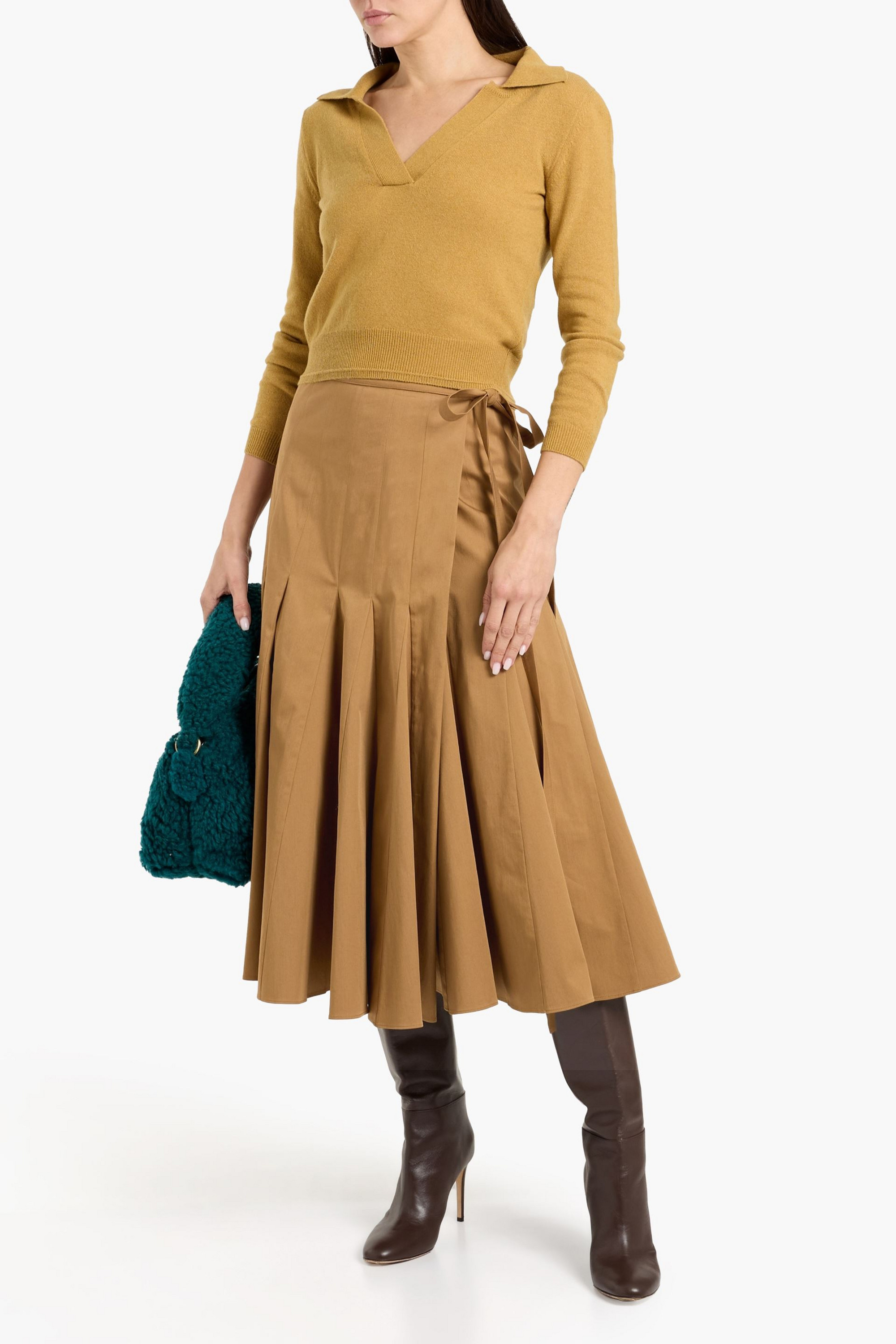 Another Tomorrow Pleated cotton-blend twill midi wrap skirt