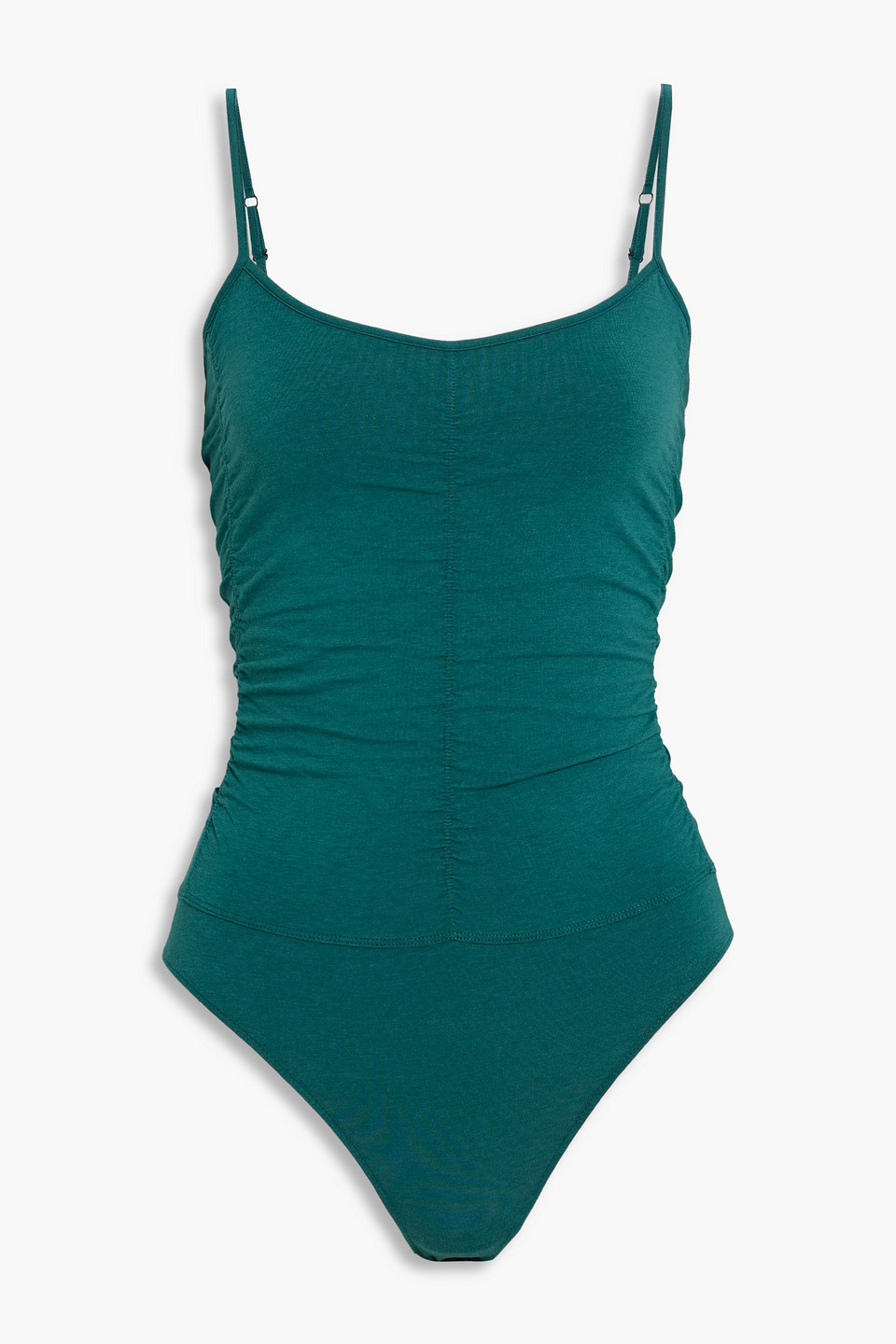 Another Tomorrow Ruched Stretch Cotton And Lyocell-blend Jersey Bodysuit In Blue