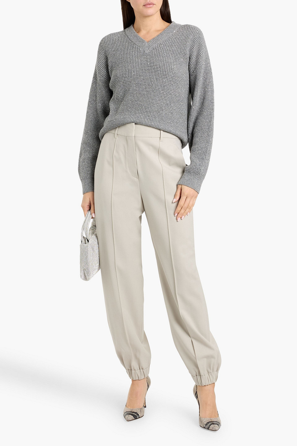 Brunello Cucinelli Metallic Waffle-knit Sweater In Gray