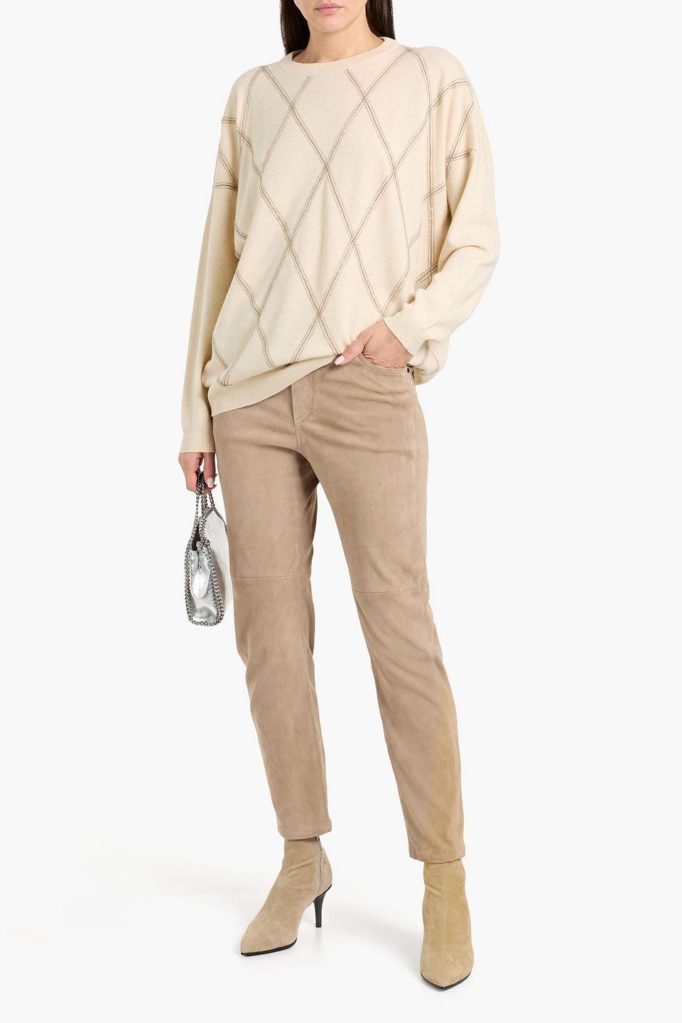 Brunello Cucinelli Bead-embellished Wool, Cashmere And Silk-blend Sweater In Neutral