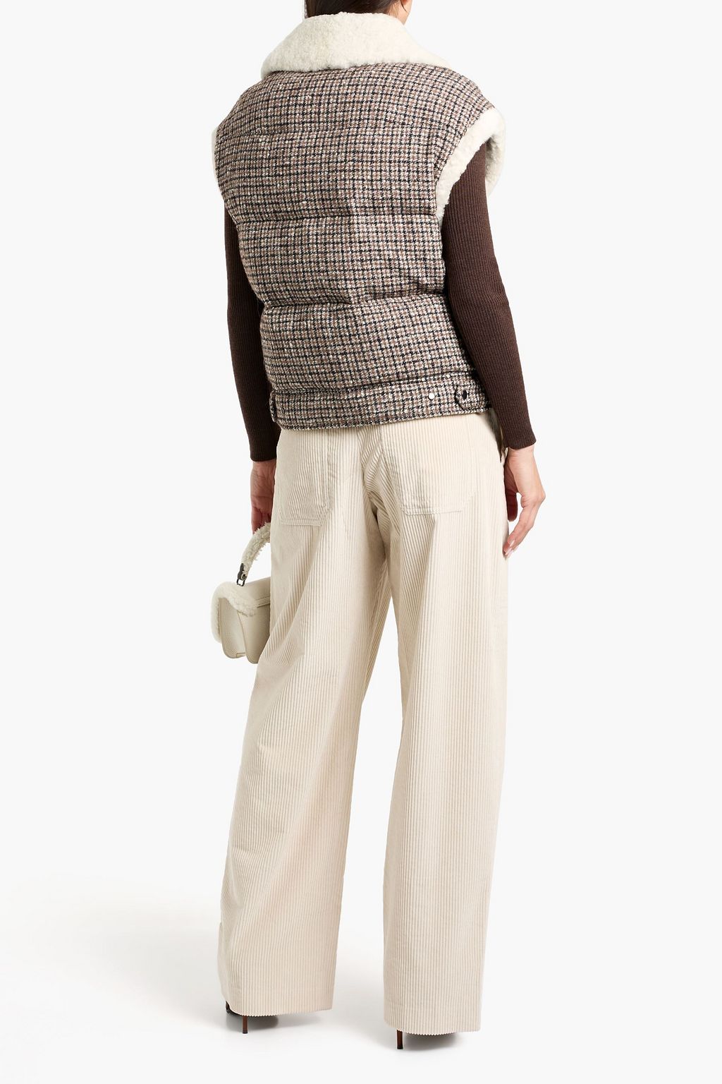 BRUNELLO CUCINELLI Shearling-trimmed checked quilted wool-blend tweed vest