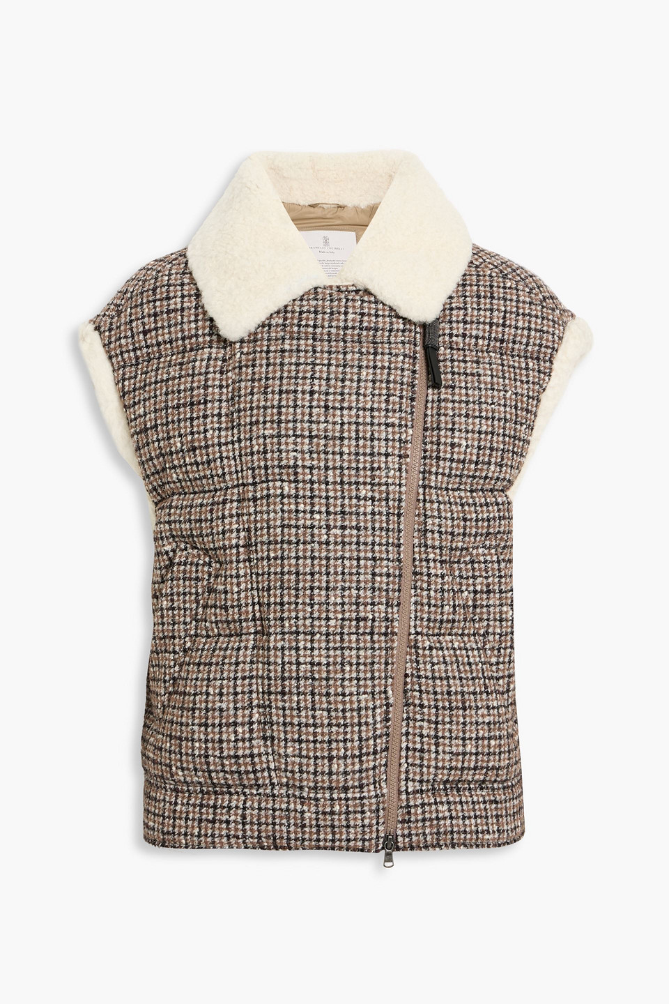 Brunello Cucinelli Shearling-trimmed Checked Quilted Wool-blend Tweed Vest In Gray