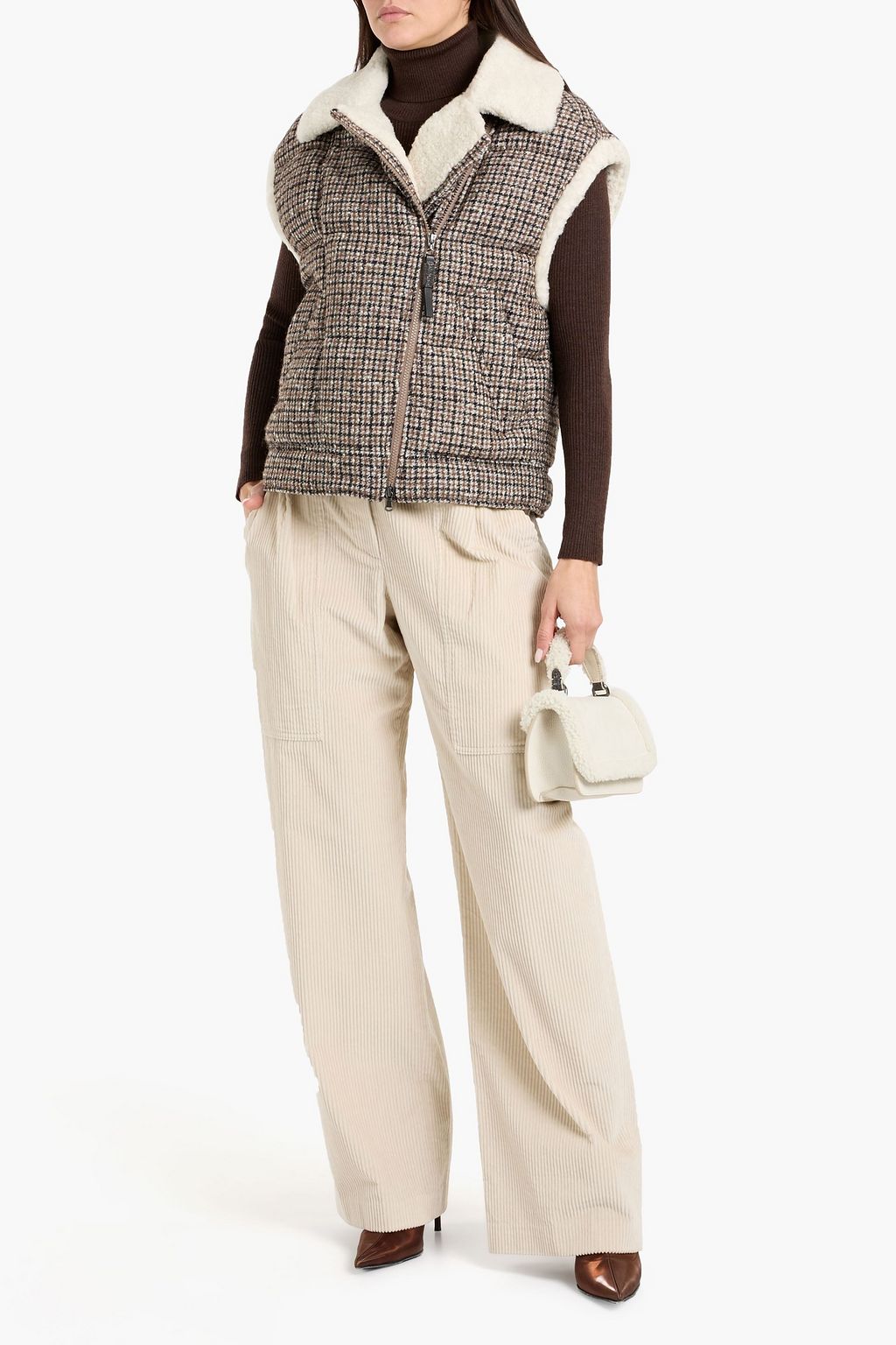 BRUNELLO CUCINELLI Shearling-trimmed checked quilted wool-blend tweed vest